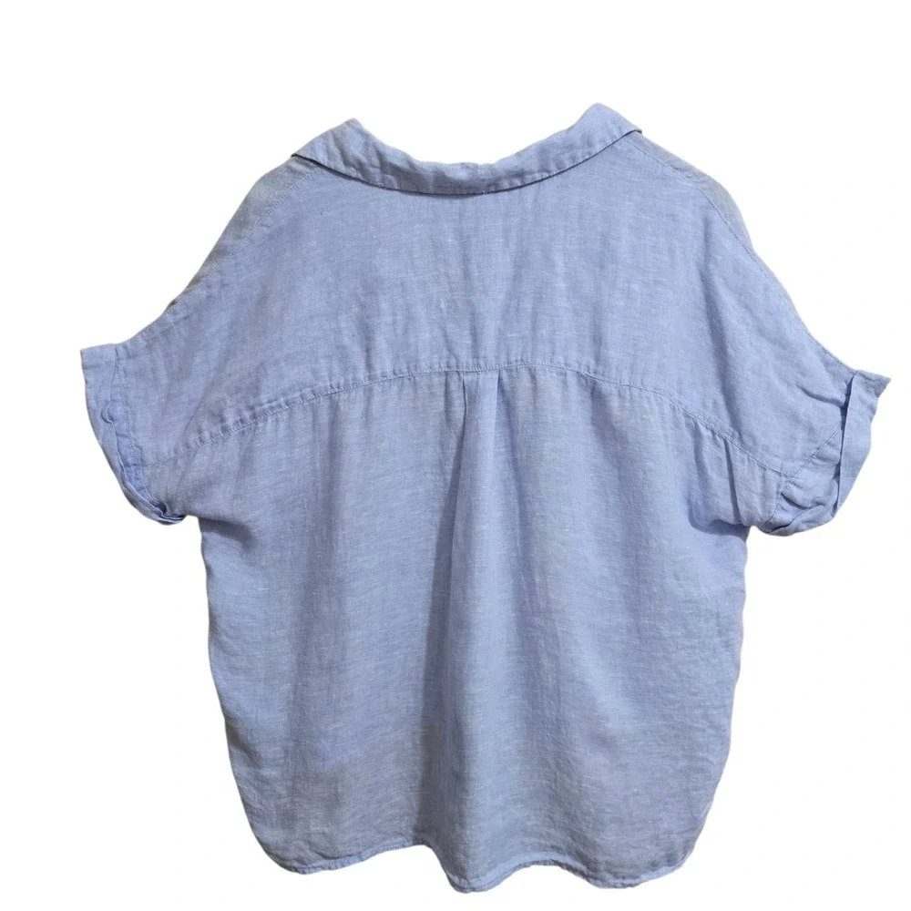 Rachel Zoe Women's Linen Short Sleeve Blouse Size XL Blue MOP Buttons Summer Top - Picture 2 of 6